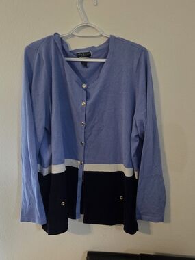 Karen Scott Plus Size 3X Colorblock Cardigan Sweater Blue Navy Button Front EUC